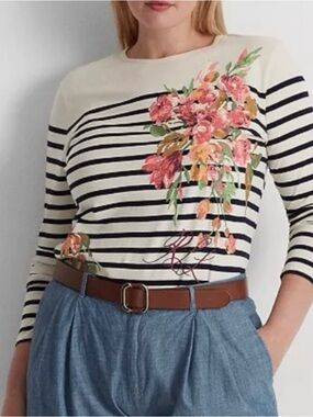 Lauren Ralph Lauren Women's Spring Stripe & Floral Jersey Tee Medium
